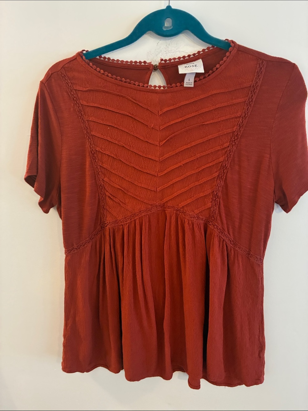Knox Rose Rust Romantic Flowy Baby Doll Short Sleeve Pintuck Peasant Top Sz S